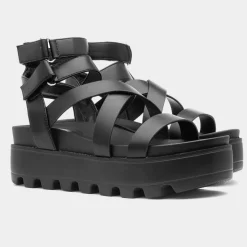 Heart Cynthia Womens Black Strappy Chunky Sandal