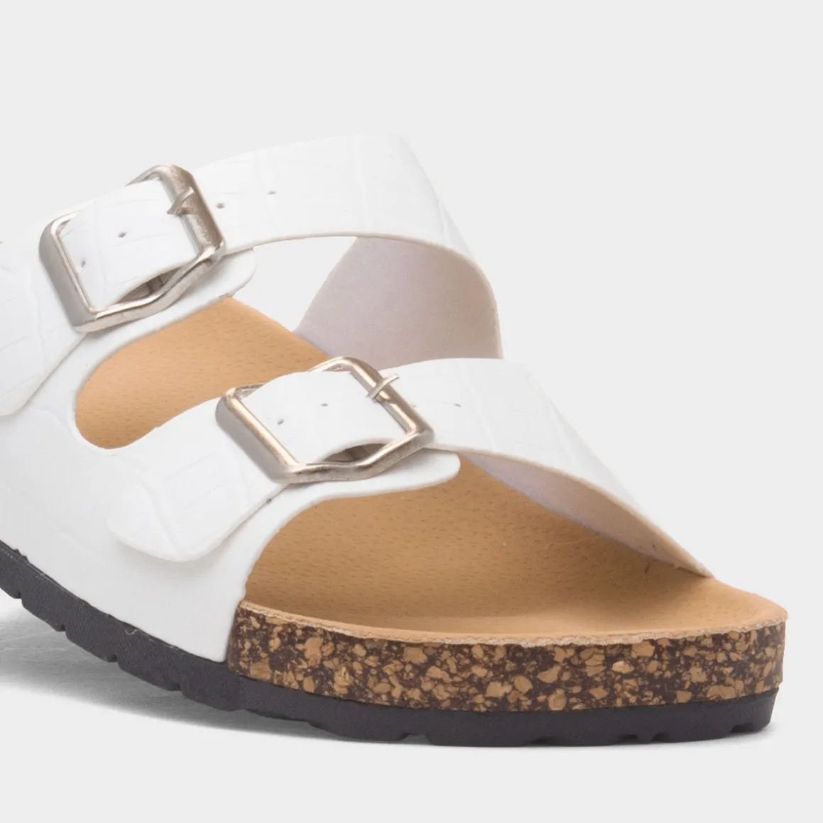 Krush Abby Womens White Double Buckle Mule Sandal