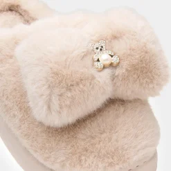 Krush Womens Beige Teddy Bear Mule Slipper