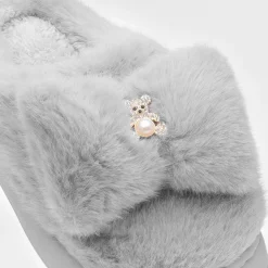 Krush Womens Grey Teddy Bear Mule Slipper