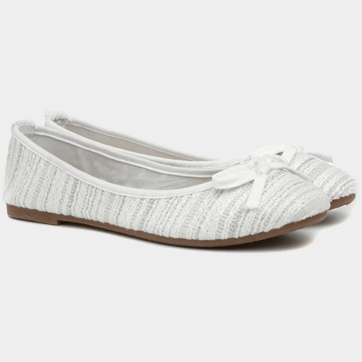 Lilley Womens White Bow Knitted Effect Ballerina