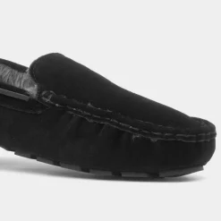 Totes Mens Black Moccasin Suede Slipper